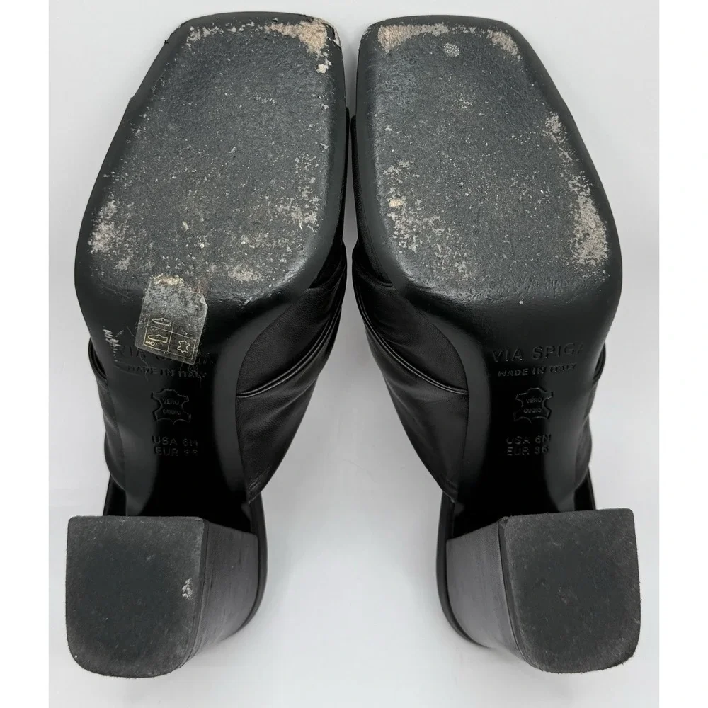 Via Spiga Black Leather Open Toe Block Heel Mule Sandals Women's‎ 6 Italy